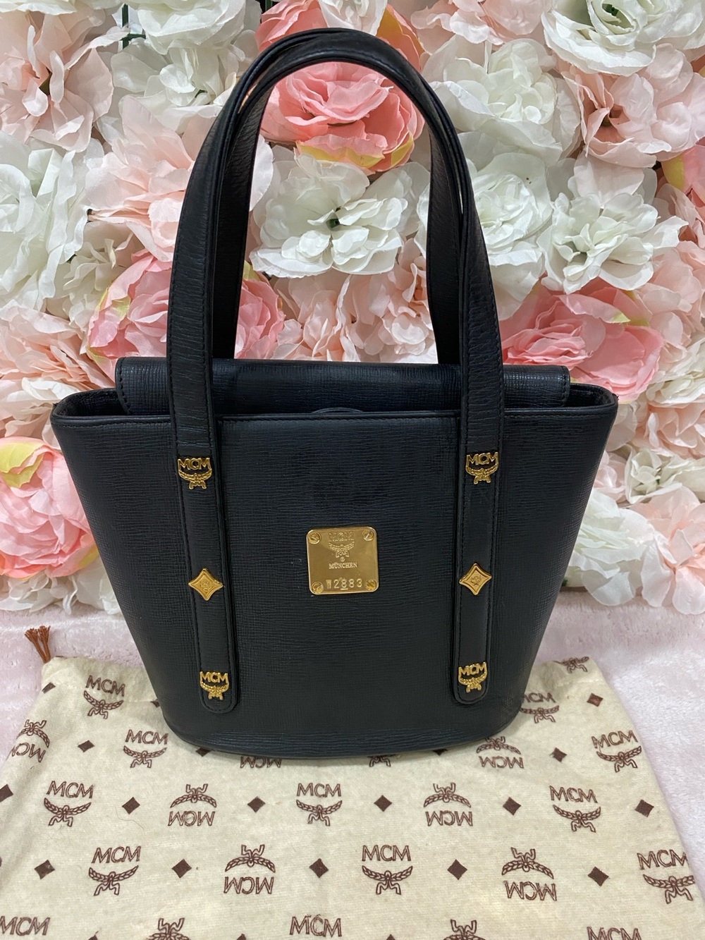 MCM Black Leather Studded Tote Bag